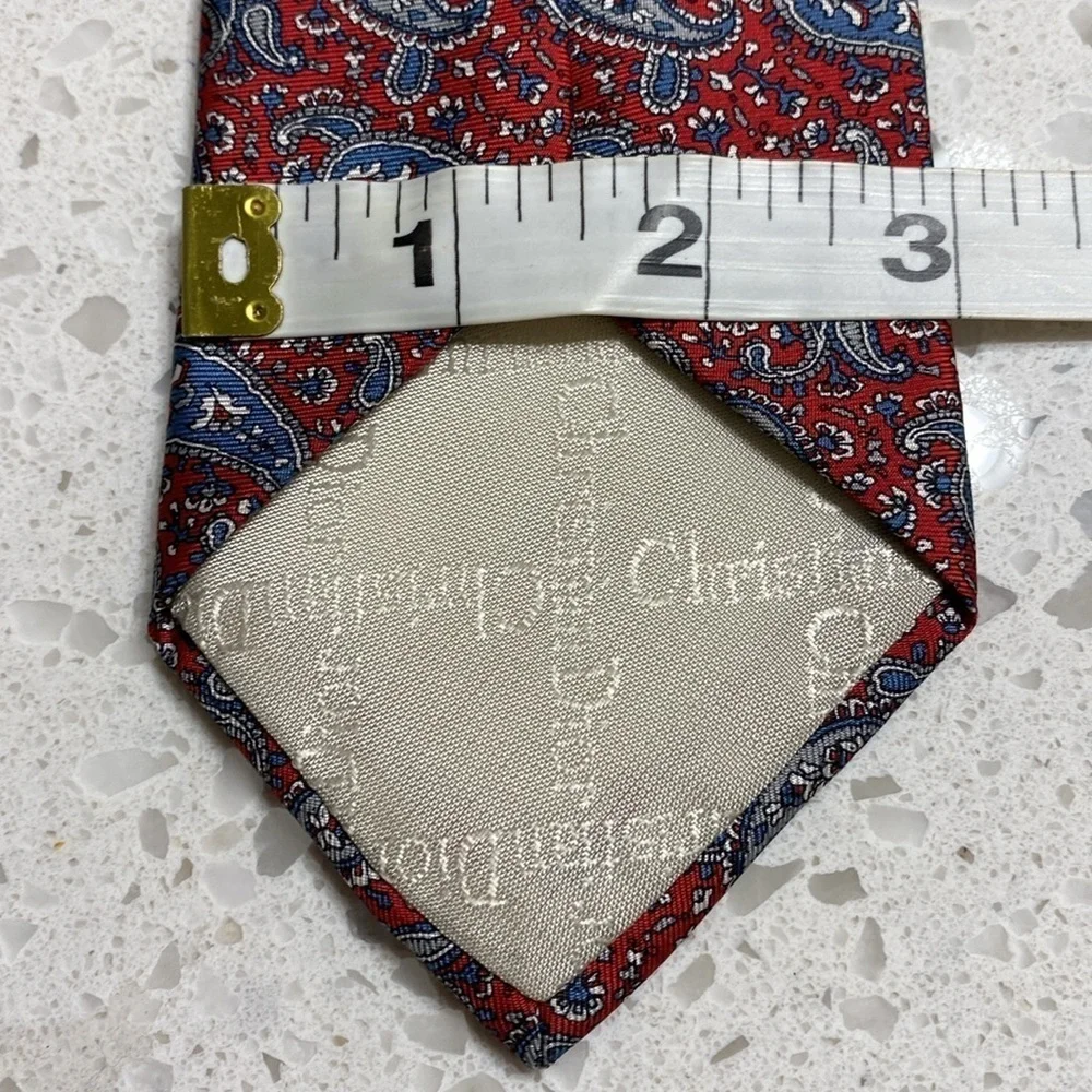 Christian Dior Paisley Silk Tie blue paisley on red background L 59” made in USA